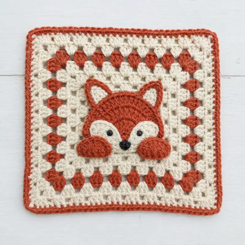 Peekaboo Fox, the finished crochet build, photographed on a plain surface